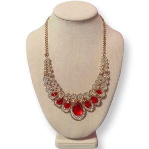 Red And Clear Rhinestone Gold Tone Statement Necklace